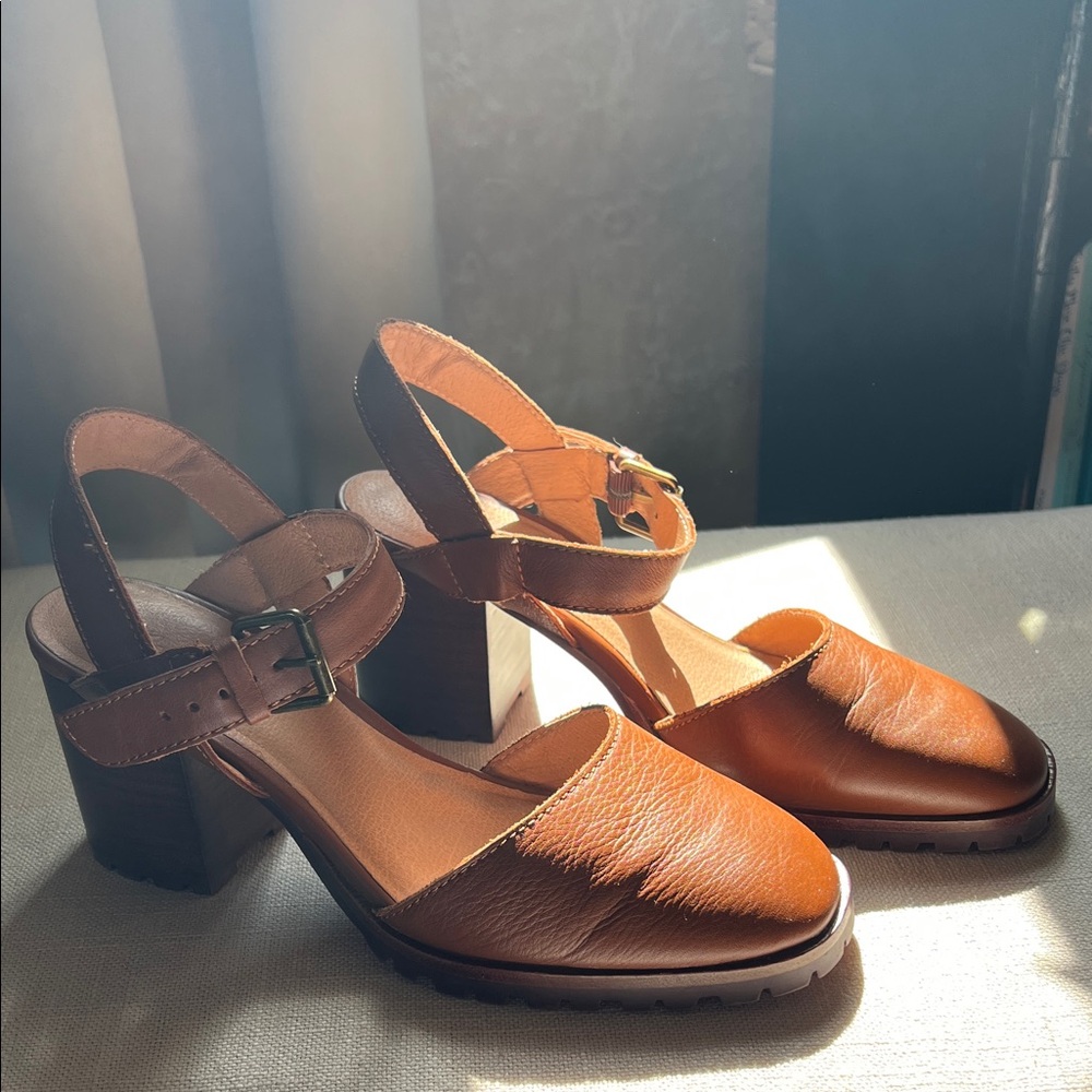 Madewell Brown Leather Block Heel Mules with Buckle Strap